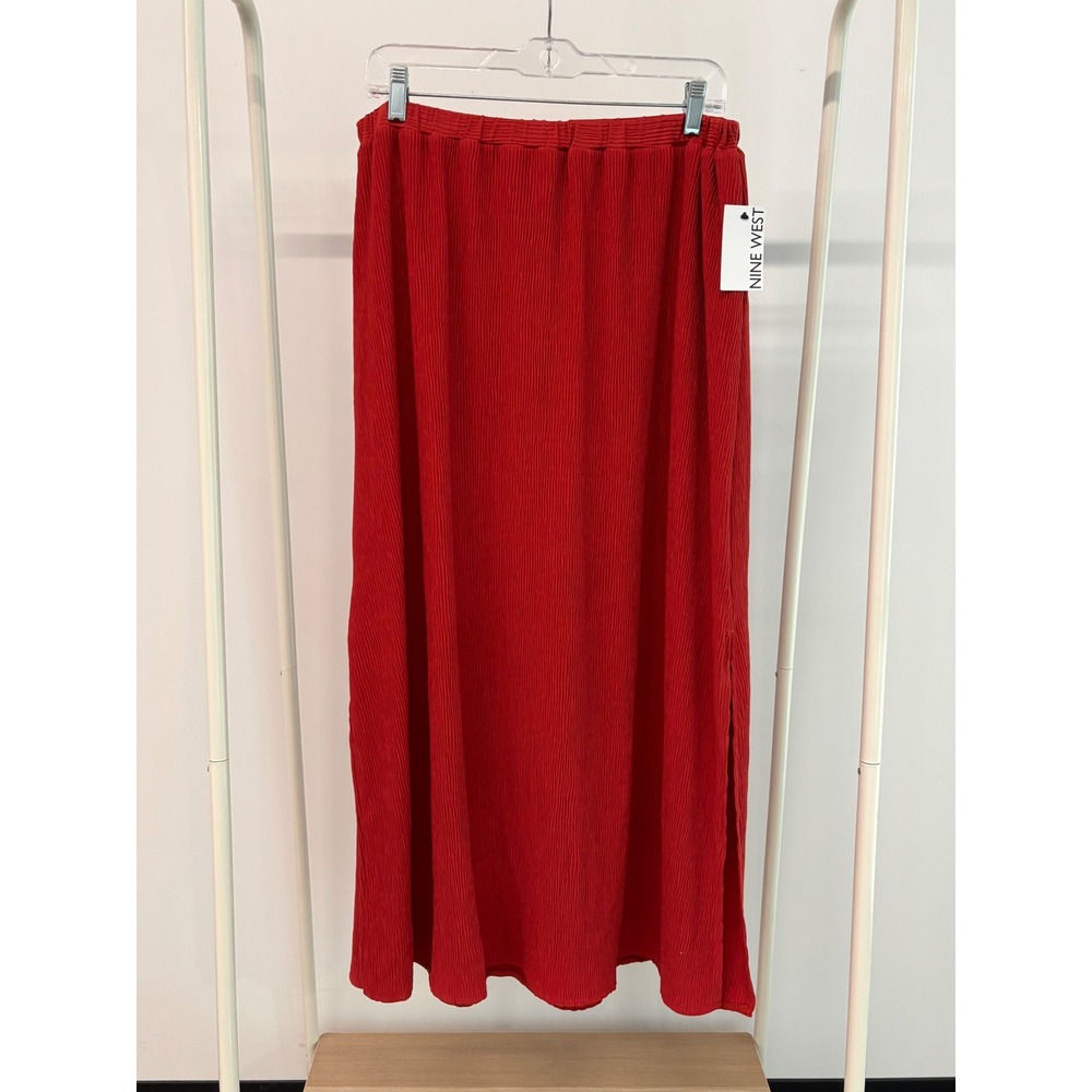Nine West Red Pleated Maxi Skirt Elastic Waist Side Slits Size Medium NWT